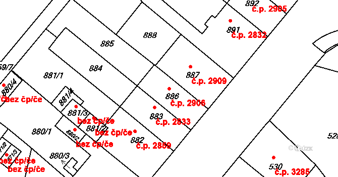 Chomutov 2906 na parcele st. 886 v KÚ Chomutov II, Katastrální mapa