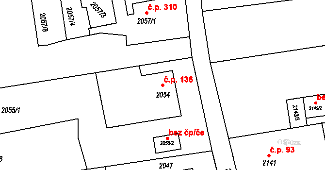 Louky 136, Karviná na parcele st. 2054 v KÚ Louky nad Olší, Katastrální mapa
