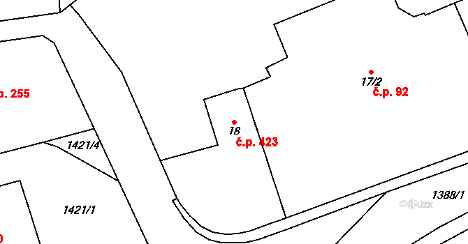 Vranov nad Dyjí 423 na parcele st. 18 v KÚ Vranov nad Dyjí, Katastrální mapa