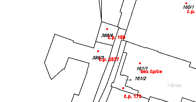 Budějovické Předměstí 2537, Písek na parcele st. 386/3 v KÚ Písek, Katastrální mapa