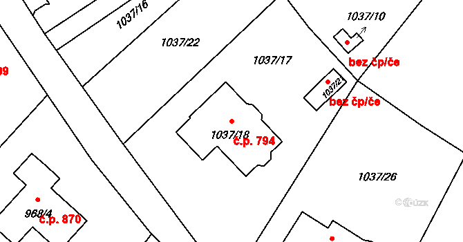 Skřečoň 794, Bohumín na parcele st. 1037/18 v KÚ Skřečoň, Katastrální mapa