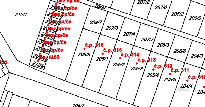 Pokratice 315, Litoměřice na parcele st. 205/1 v KÚ Pokratice, Katastrální mapa