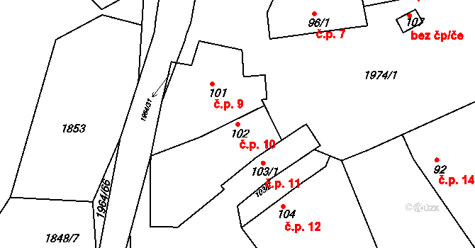 Kladná Žilín 10, Luhačovice na parcele st. 102 v KÚ Kladná Žilín, Katastrální mapa
