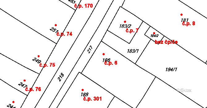 Kobeřice u Brna 6 na parcele st. 186 v KÚ Kobeřice u Brna, Katastrální mapa
