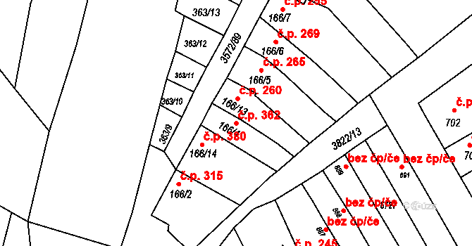Ostrožské Předměstí 362, Uherský Ostroh na parcele st. 166/4 v KÚ Ostrožské Předměstí, Katastrální mapa