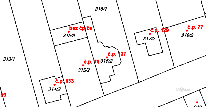 Popovice 137 na parcele st. 316/2 v KÚ Popovice u Rajhradu, Katastrální mapa