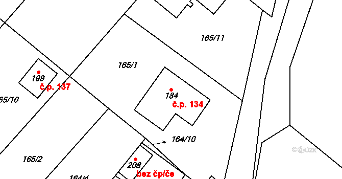 Konětopy 134 na parcele st. 184 v KÚ Konětopy, Katastrální mapa
