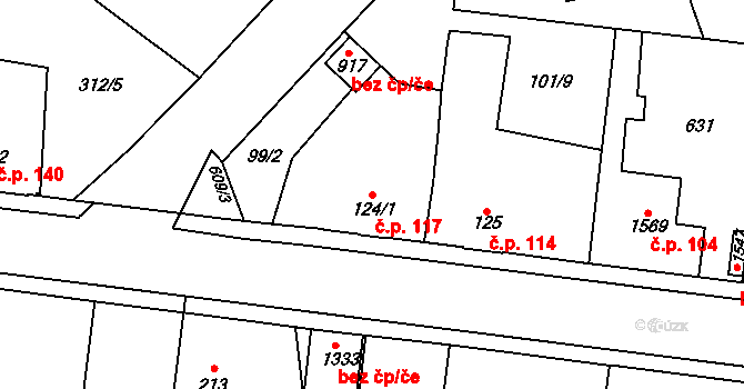 Rosice 117, Pardubice na parcele st. 124/1 v KÚ Rosice nad Labem, Katastrální mapa