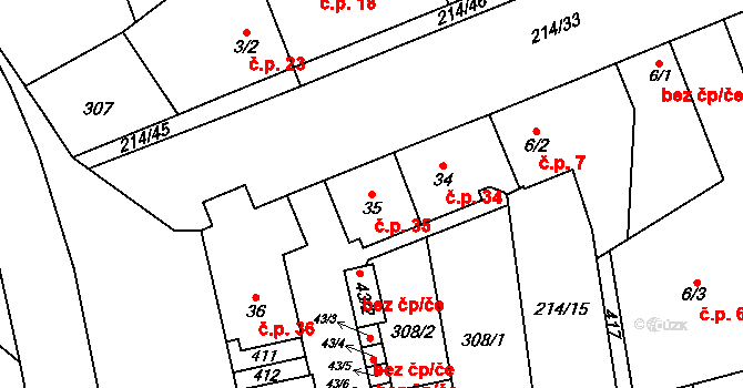 Doubravice 35, Pardubice na parcele st. 35 v KÚ Semtín, Katastrální mapa