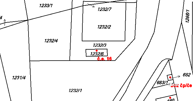 Líně 16 na parcele st. 1232/6 v KÚ Líně, Katastrální mapa