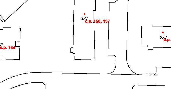 Domoradice 156,157, Český Krumlov na parcele st. 374 v KÚ Přísečná-Domoradice, Katastrální mapa