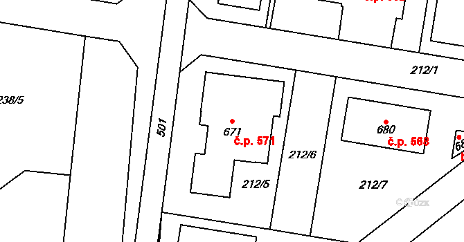 Čechovice 571, Prostějov na parcele st. 671 v KÚ Čechovice u Prostějova, Katastrální mapa