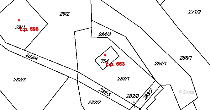 Lučany nad Nisou 663 na parcele st. 754 v KÚ Lučany nad Nisou, Katastrální mapa