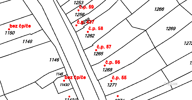 Ivanovice na Hané 57 na parcele st. 1265 v KÚ Ivanovice na Hané, Katastrální mapa