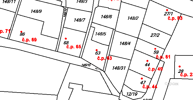 Větrušice 63 na parcele st. 63 v KÚ Větrušice u Klecan, Katastrální mapa