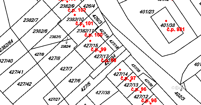 Třeboň II 98, Třeboň na parcele st. 427/17 v KÚ Třeboň, Katastrální mapa