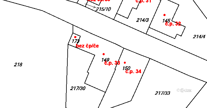 Rojšín 33, Brloh na parcele st. 149 v KÚ Rojšín, Katastrální mapa