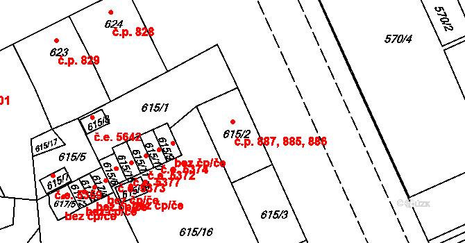Klíše 885,886,887, Ústí nad Labem na parcele st. 615/2 v KÚ Klíše, Katastrální mapa