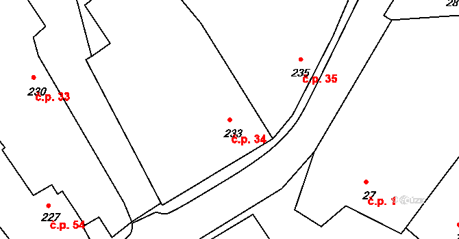Lomy 34 na parcele st. 233 v KÚ Lomy u Jemnice, Katastrální mapa