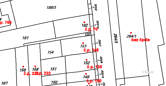 Horní Heršpice 148, Brno na parcele st. 153 v KÚ Horní Heršpice, Katastrální mapa