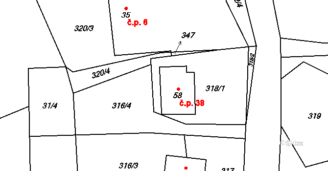 Krátošice 38 na parcele st. 58 v KÚ Krátošice, Katastrální mapa