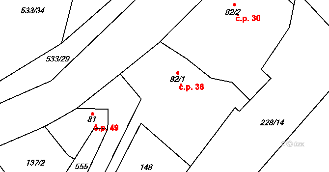 Zámostí 36, Písková Lhota na parcele st. 82/1 v KÚ Písková Lhota, Katastrální mapa