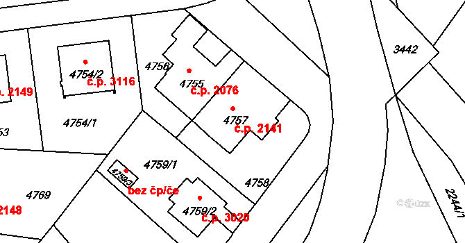 Záběhlice 2141, Praha na parcele st. 4757 v KÚ Záběhlice, Katastrální mapa