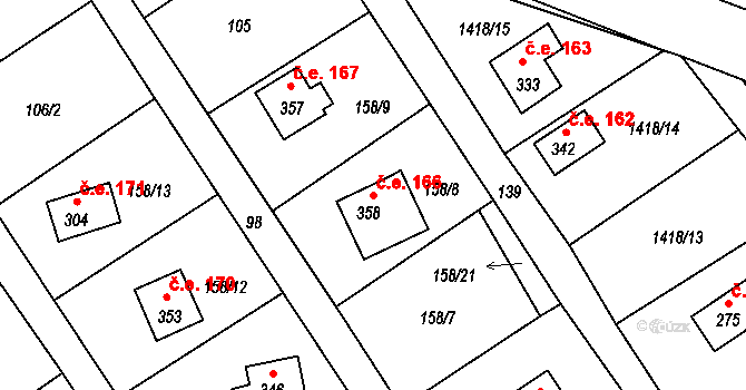 Habřina 166, Úštěk na parcele st. 358 v KÚ Habřina u Úštěku, Katastrální mapa