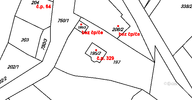 Červený Hrádek 329, Plzeň na parcele st. 195/2 v KÚ Červený Hrádek u Plzně, Katastrální mapa