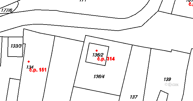 Sedlec 314 na parcele st. 136/2 v KÚ Sedlec u Mikulova, Katastrální mapa