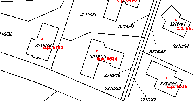 Chomutov 5634 na parcele st. 3216/43 v KÚ Chomutov II, Katastrální mapa
