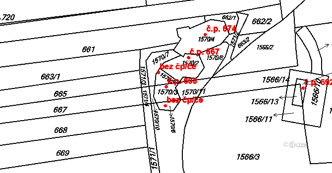 Komárov 698, Brno na parcele st. 1570/3 v KÚ Komárov, Katastrální mapa