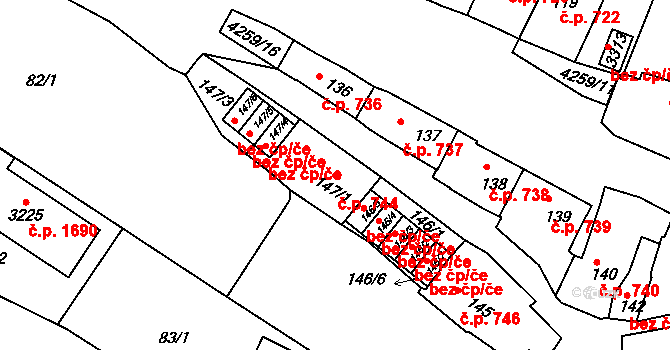 Moravské Budějovice 744 na parcele st. 147/1 v KÚ Moravské Budějovice, Katastrální mapa