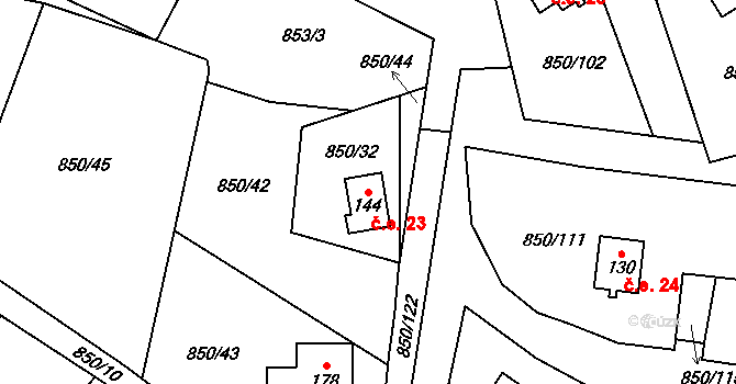 Podolsko 23, Podolí I na parcele st. 144 v KÚ Podolí I, Katastrální mapa
