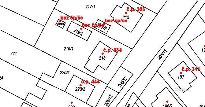 Fryšták 334 na parcele st. 218 v KÚ Fryšták, Katastrální mapa