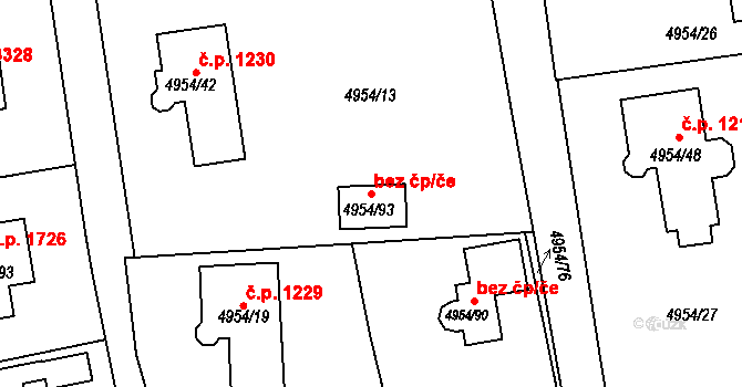 Most 43653804 na parcele st. 4954/93 v KÚ Most II, Katastrální mapa