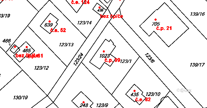 Javorník 99, Čtyřkoly na parcele st. 1023 v KÚ Čtyřkoly, Katastrální mapa