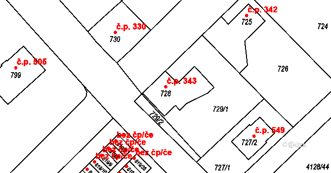Choceňské Předměstí 343, Vysoké Mýto na parcele st. 728 v KÚ Vysoké Mýto, Katastrální mapa