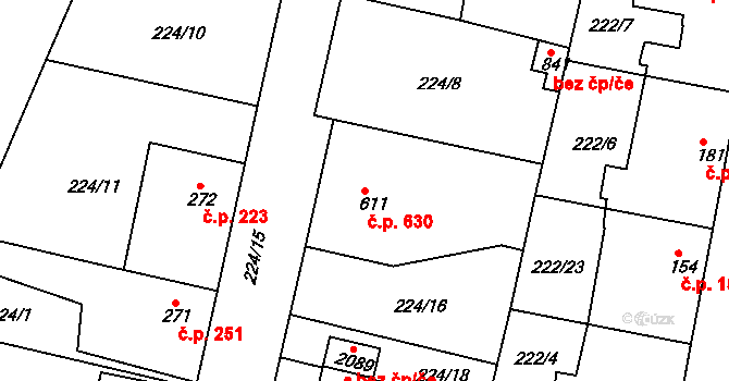 Neratovice 630 na parcele st. 611 v KÚ Neratovice, Katastrální mapa
