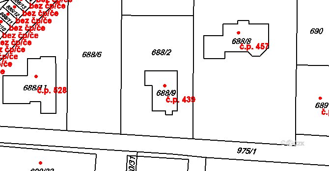 Všetuly 439, Holešov na parcele st. 688/9 v KÚ Všetuly, Katastrální mapa