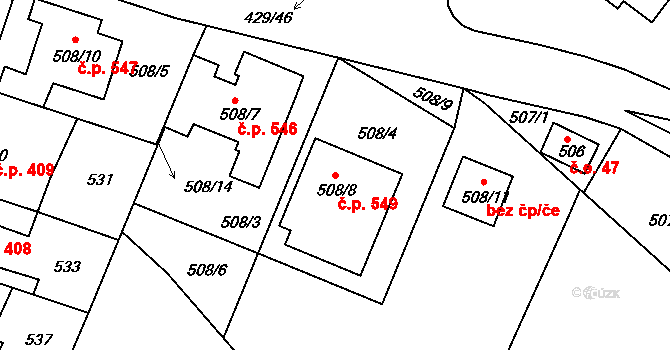 Plumlov 549 na parcele st. 508/8 v KÚ Plumlov, Katastrální mapa