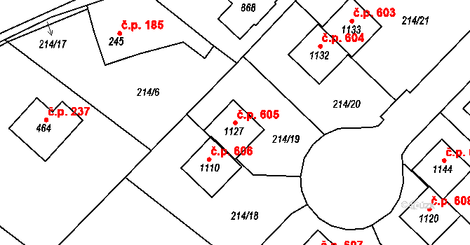 Podhůří 605, Vrchlabí na parcele st. 1127 v KÚ Podhůří-Harta, Katastrální mapa
