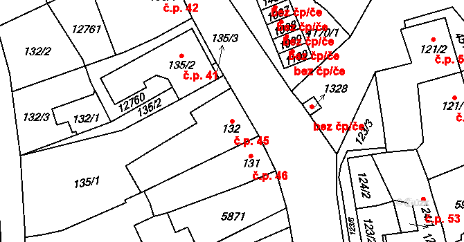 Hrušovany nad Jevišovkou 45 na parcele st. 132 v KÚ Hrušovany nad Jevišovkou, Katastrální mapa