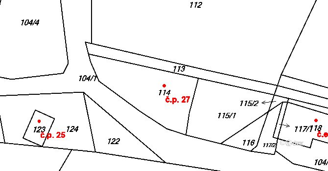 Velká Javorská 27, Žandov na parcele st. 114 v KÚ Velká Javorská, Katastrální mapa