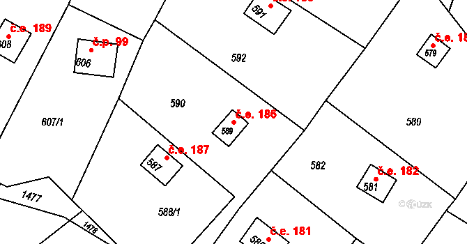 Březina 186 na parcele st. 589 v KÚ Březina u Tišnova, Katastrální mapa