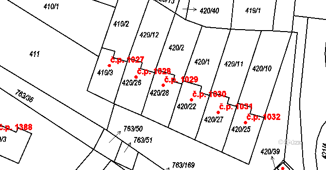 Ratíškovice 1029 na parcele st. 420/28 v KÚ Ratíškovice, Katastrální mapa