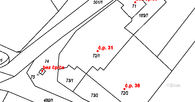 Vystrčenovice 31 na parcele st. 72/1 v KÚ Vystrčenovice, Katastrální mapa