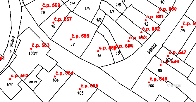 Slavonice 555 na parcele st. 16 v KÚ Slavonice, Katastrální mapa