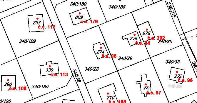 Soběšovice 85 na parcele st. 274 v KÚ Horní Soběšovice, Katastrální mapa
