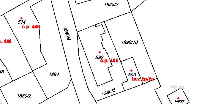 Hořice 485 na parcele st. 592 v KÚ Hořice v Podkrkonoší, Katastrální mapa